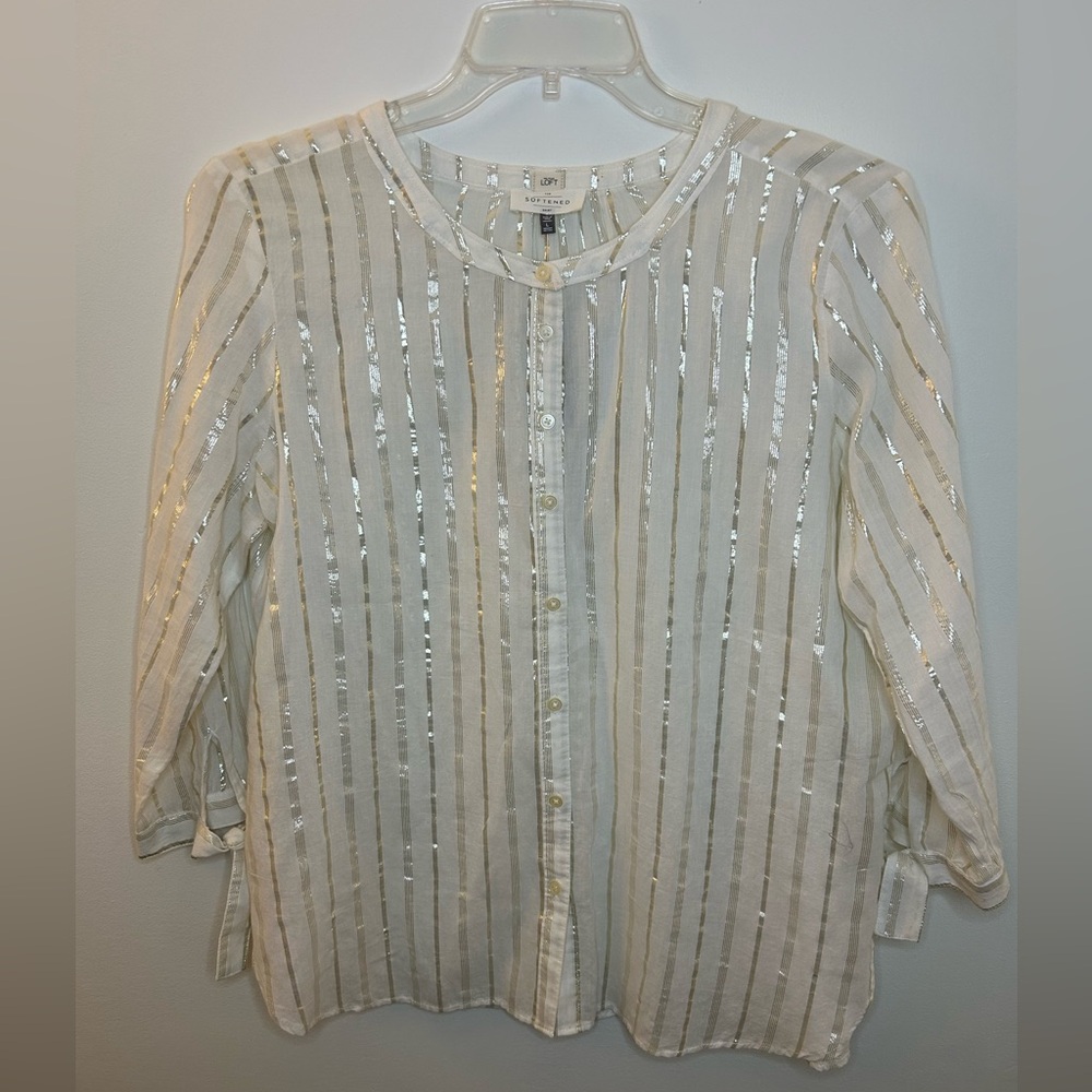 LOFT White Shimmer Stripe Button Down Shirt